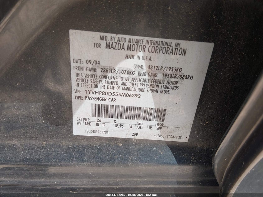 2005 Mazda Mazda6 S Grand Touring/S Sport VIN: 1YVHP80D555M06322 Lot: 44787280
