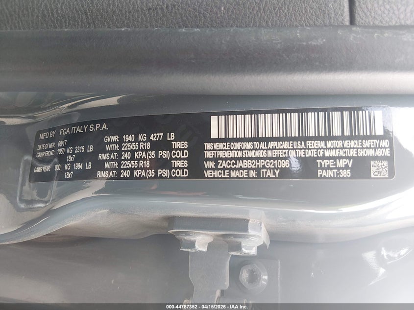 2017 Jeep Renegade Latitude Fwd VIN: ZACCJABB2HPG21096 Lot: 44787352