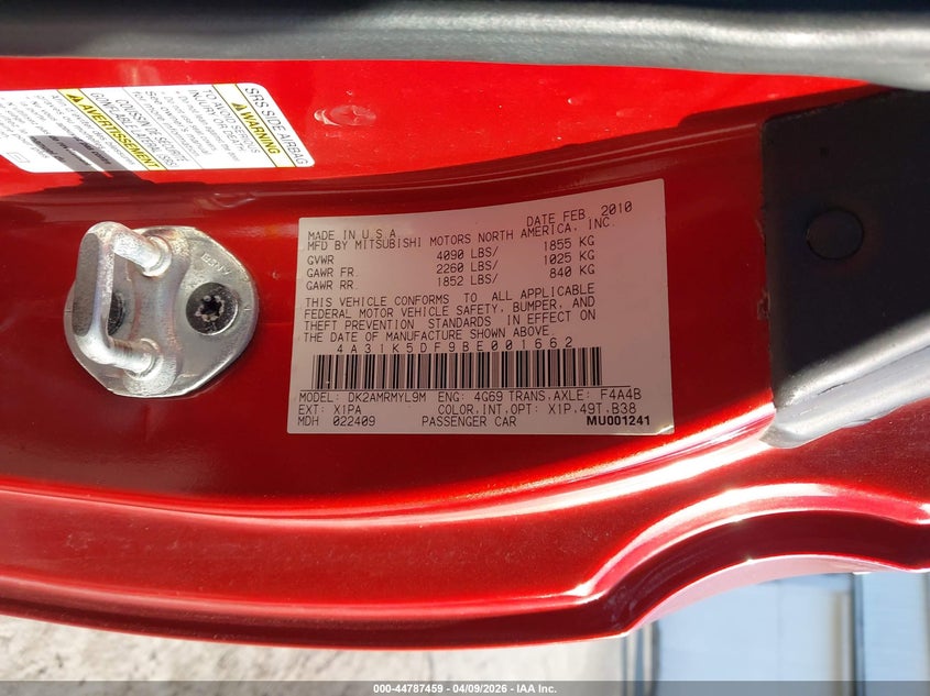 2011 Mitsubishi Eclipse Gs/Gs Sport VIN: 4A31K5DF9BE001662 Lot: 44787459