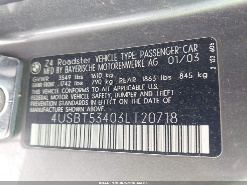 2003 BMW Z4 3.0I VIN: 4USBT53403LT20718 Lot: 44787479