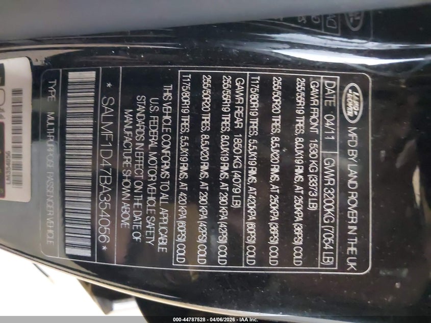 2011 Land Rover Range Rover Hse VIN: SALMF1D47BA354056 Lot: 44787528