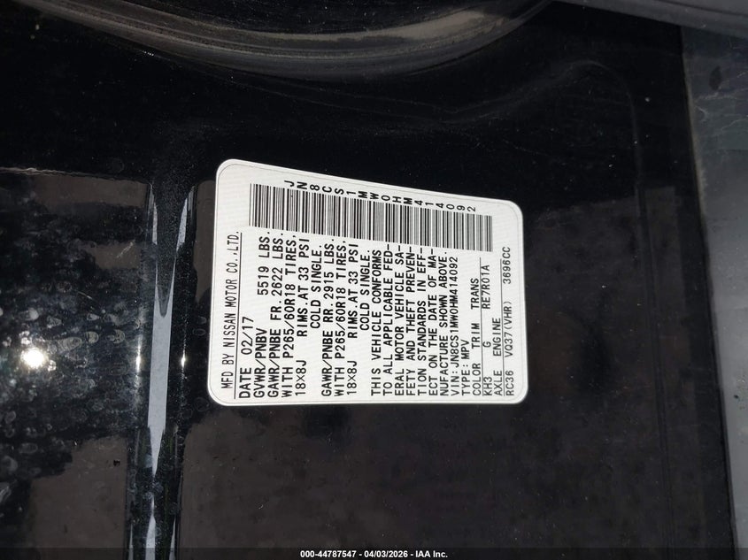 2017 Infiniti Qx70 VIN: JN8CS1MW0HM414092 Lot: 44787547