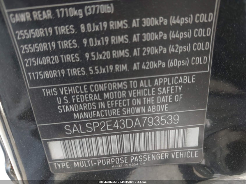 2013 Land Rover Range Rover Sport Supercharged VIN: SALSP2E43DA793539 Lot: 44787555