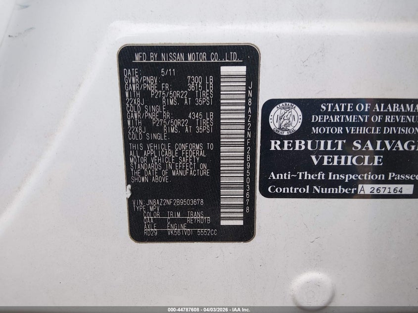 2011 Infiniti Qx56 VIN: JN8AZ2NF2B9503678 Lot: 44787608