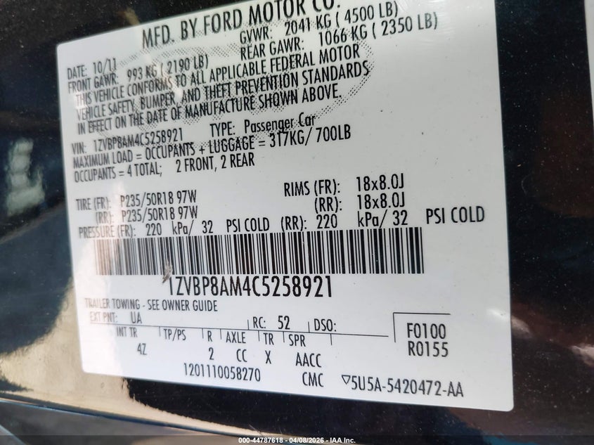2012 Ford Mustang 3.7 V6 Premium black Lot 111044787618 Vin 1ZVBP8AM4C5258921