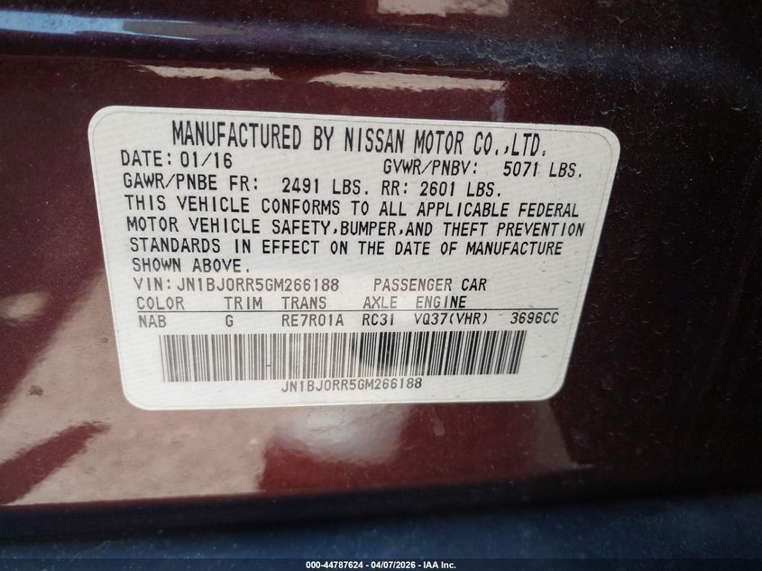 2016 Infiniti Qx50 VIN: JN1BJ0RR5GM266188 Lot: 44787624