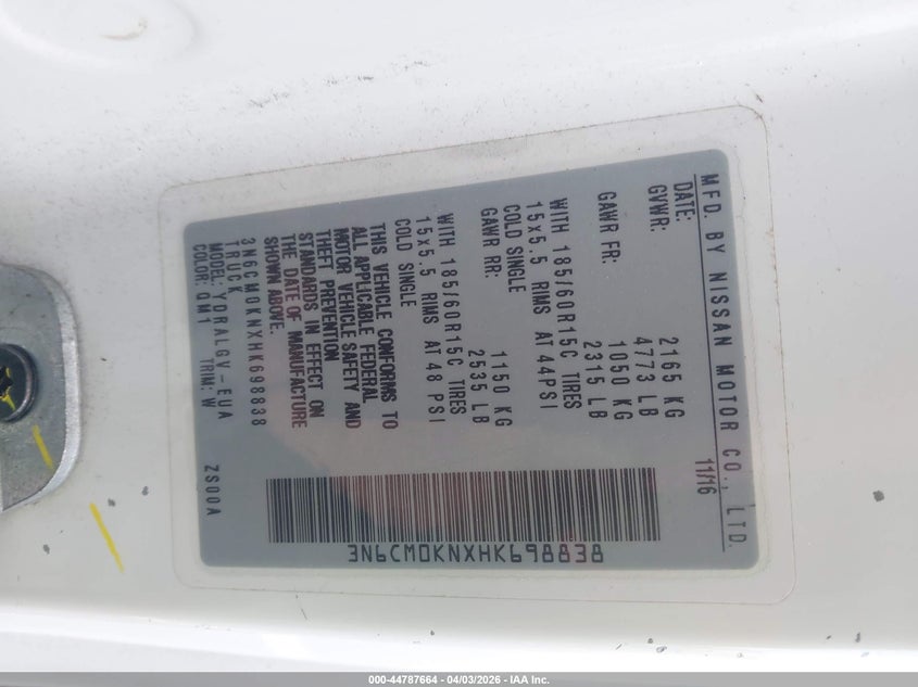 2017 Nissan Nv200 Sv VIN: 3N6CM0KNXHK698838 Lot: 44787664