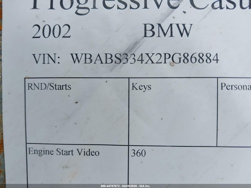 2002 BMW 325Ci VIN: WBABS334X2PG86884 Lot: 44787672