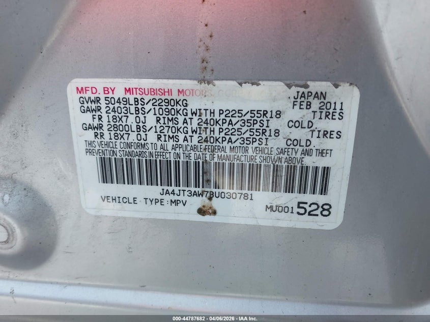2011 Mitsubishi Outlander Se VIN: JA4JT3AW7BU030781 Lot: 44787682