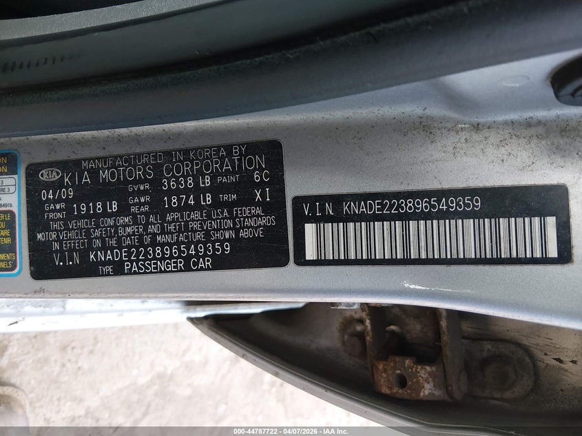 2009 Kia Rio VIN: KNADE223896549359 Lot: 44787722