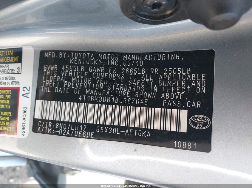 2011 Toyota Avalon VIN: 4T1BK3DB1BU387648 Lot: 44787724