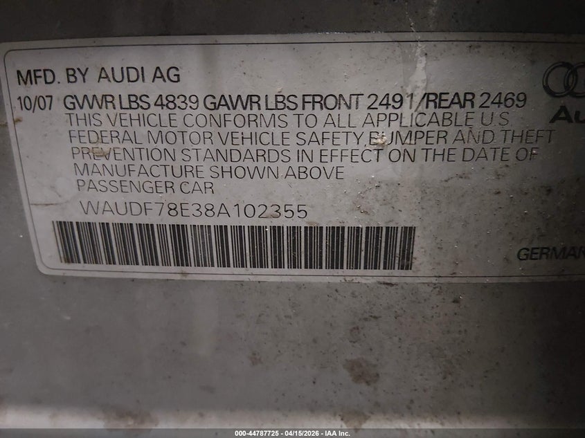2008 Audi A4 2.0T VIN: WAUDF78E38A102355 Lot: 44787725