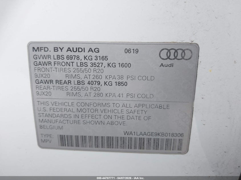 2019 Audi E-Tron Premium Plus VIN: WA1LAAGE9KB018306 Lot: 44787771