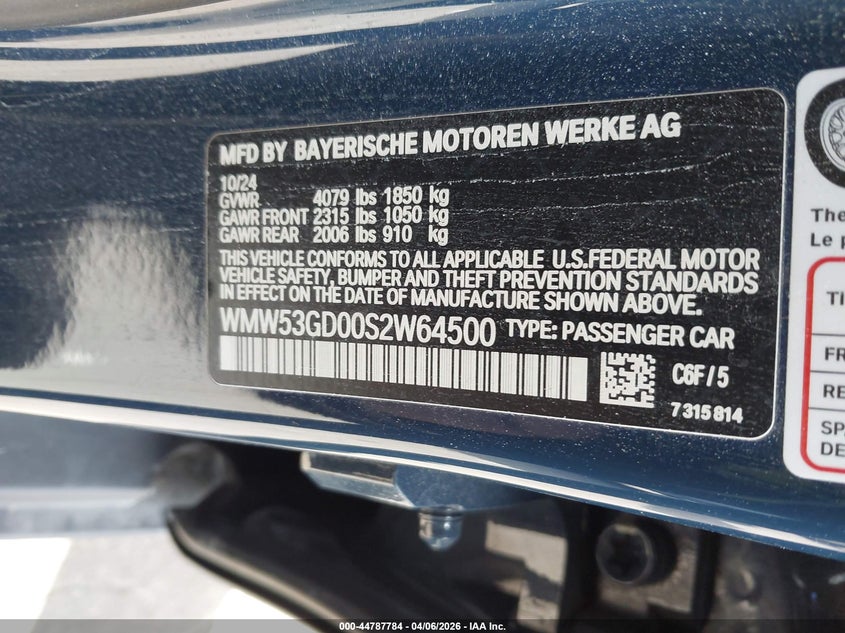 2025 Mini Hardtop Cooper S VIN: WMW53GD00S2W64500 Lot: 44787784