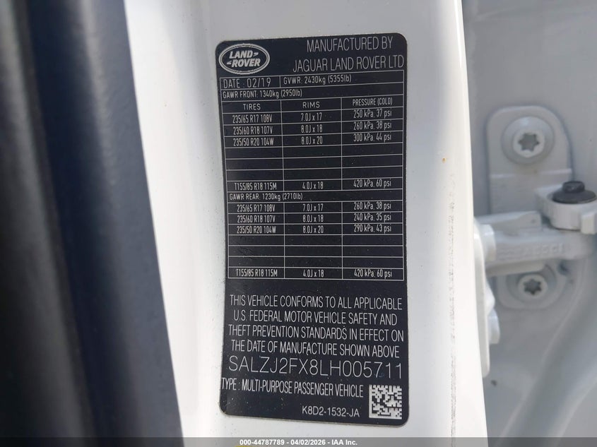 2020 Land Rover Range Rover Evoque S VIN: SALZJ2FX8LH005711 Lot: 44787789