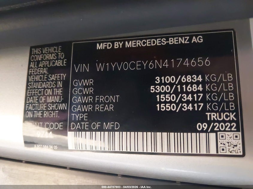 2022 Mercedes-Benz Metris VIN: W1YV0CEY6N4174656 Lot: 44787803