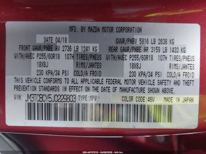 2018 Mazda Cx-9 Touring VIN: JM3TCBCY5J0229803 Lot: 44787818