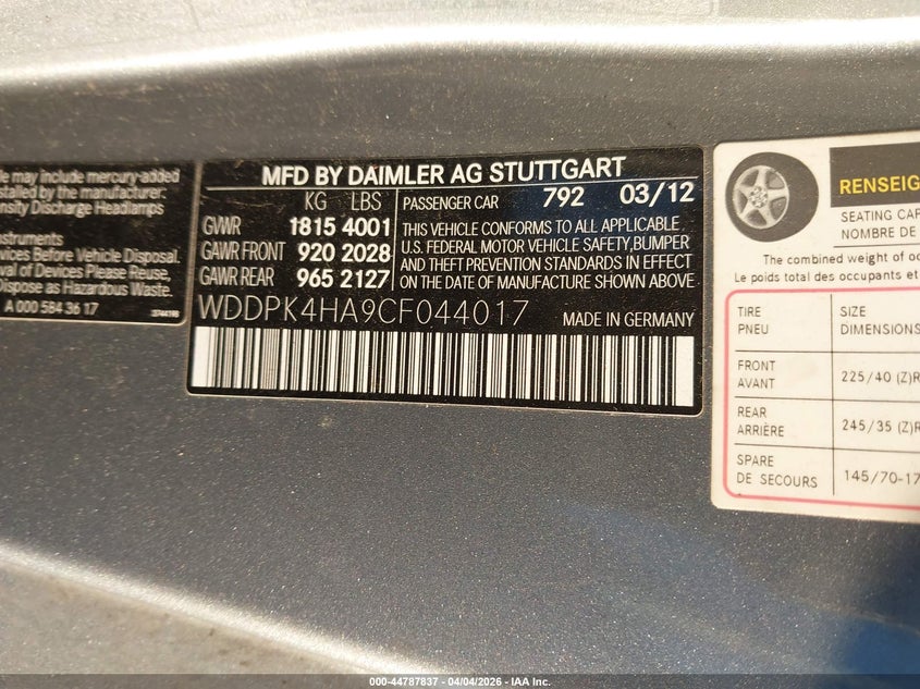 2012 Mercedes-Benz Slk 250 VIN: WDDPK4HA9CF044017 Lot: 44787837