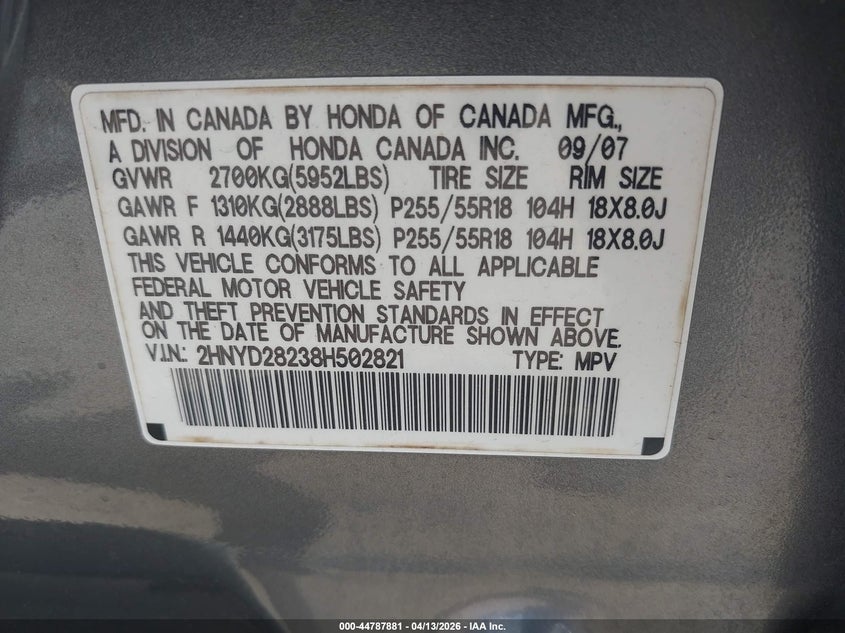2008 Acura Mdx VIN: 2HNYD28238H502821 Lot: 44787881