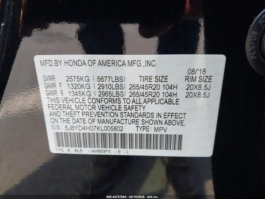 2019 Acura Mdx Tech A-Spec Pkgs VIN: 5J8YD4H07KL005802 Lot: 44787894