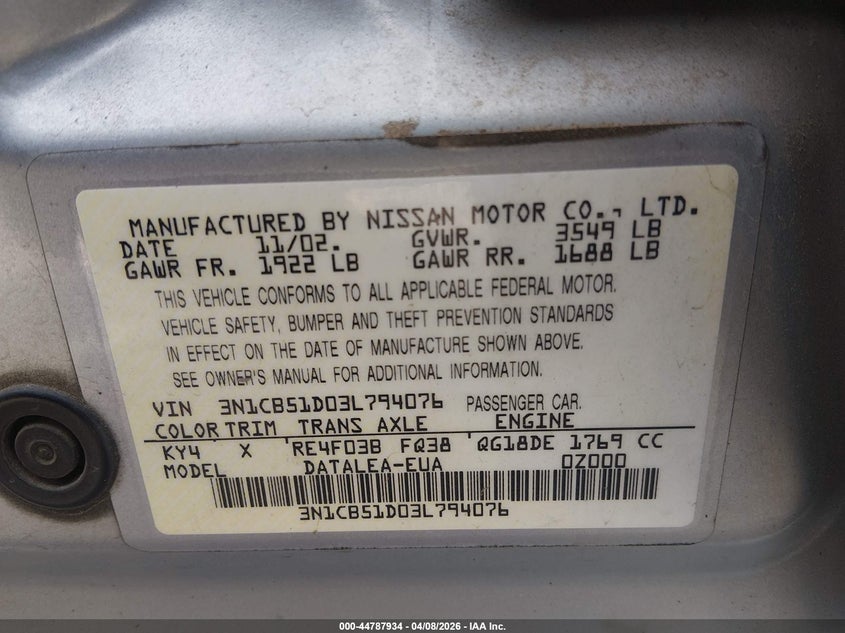 2003 Nissan Sentra Gxe VIN: 3N1CB51D03L794076 Lot: 44787934