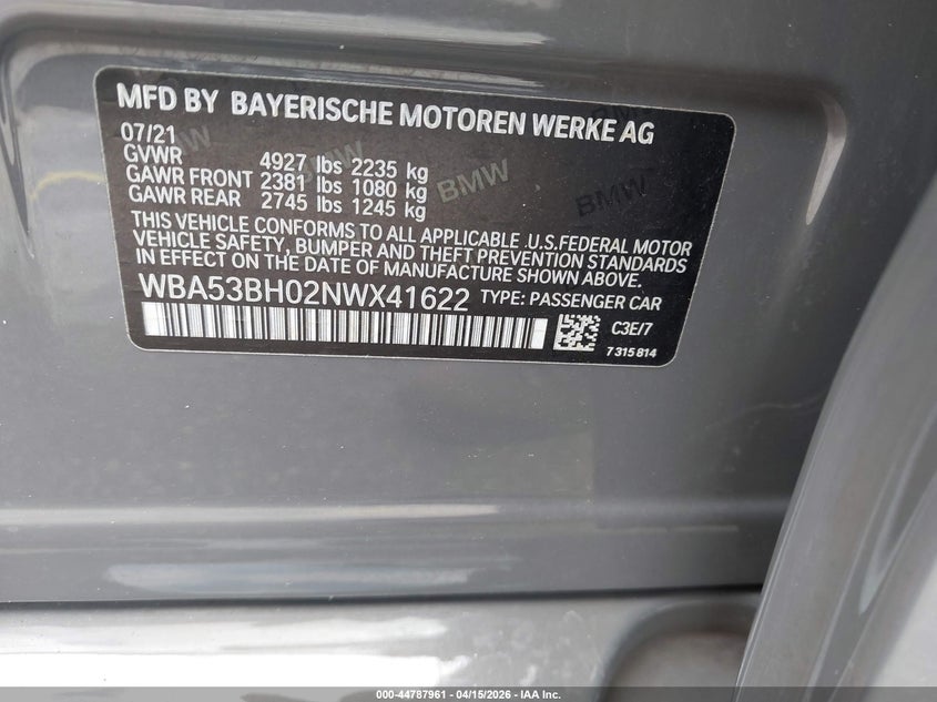 2022 BMW 530 I VIN: WBA53BH02NWX41622 Lot: 44787961