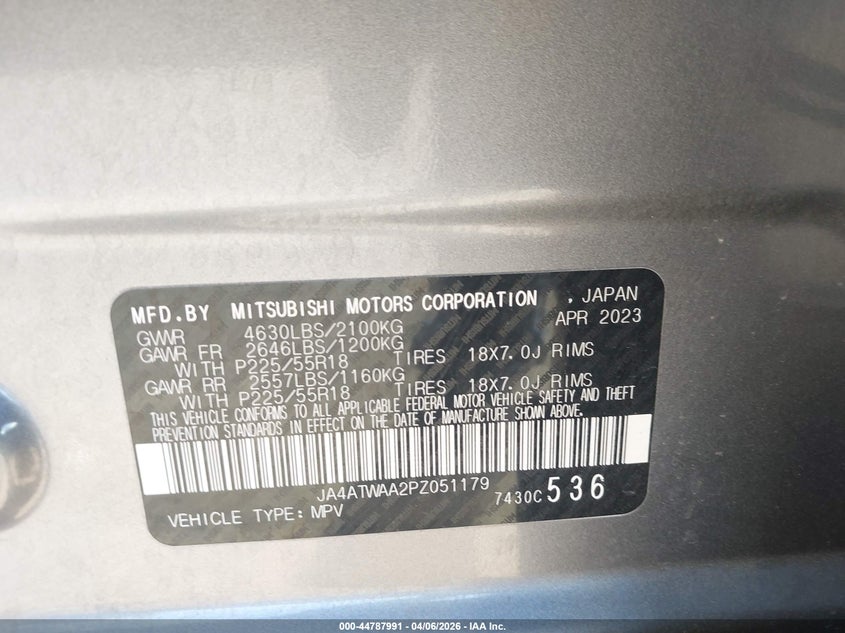 2023 Mitsubishi Eclipse Cross Sel S-Awc VIN: JA4ATWAA2PZ051179 Lot: 44787991