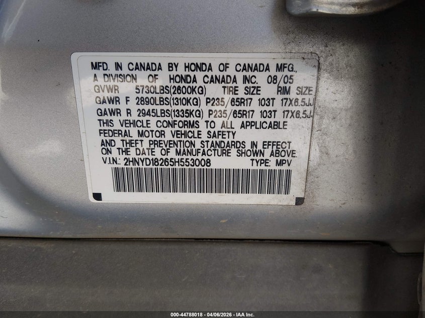 2005 Acura Mdx VIN: 2HNYD18265H553008 Lot: 44788018