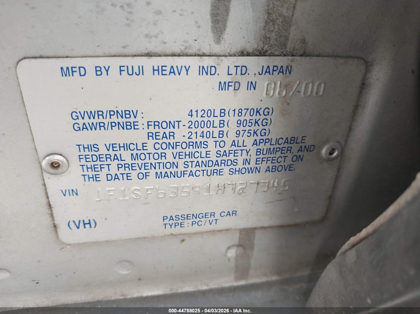 2001 Subaru Forester L VIN: JF1SF63591H727745 Lot: 44788025