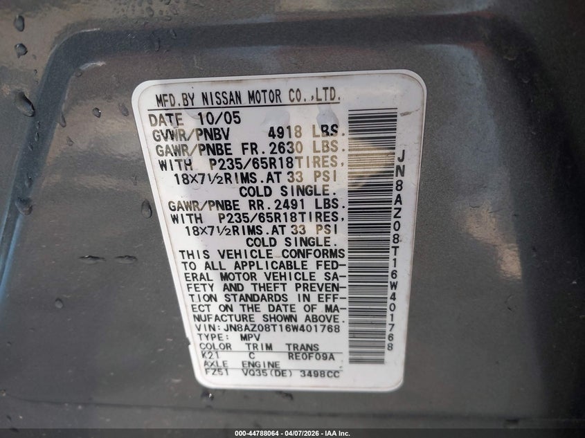 2006 Nissan Murano Sl VIN: JN8AZ08T16W401768 Lot: 44788064