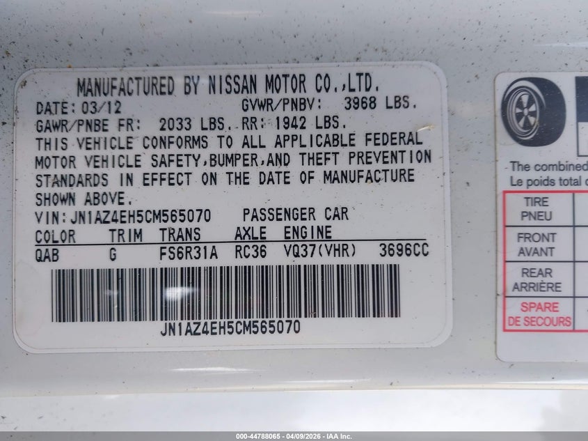2012 Nissan 370Z VIN: JN1AZ4EH5CM565070 Lot: 44788065