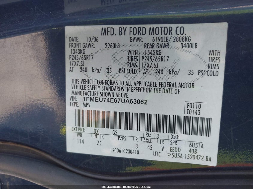 2007 Ford Explorer Eddie Bauer VIN: 1FMEU74E67UA63062 Lot: 44788086