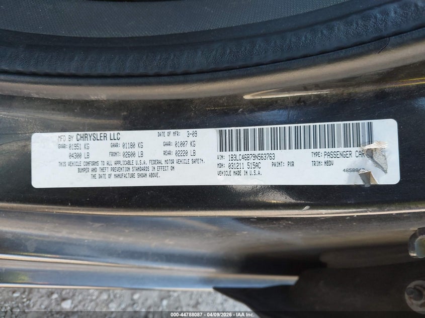 2009 Dodge Avenger Se/Sxt VIN: 1B3LC46B79N563763 Lot: 44788087