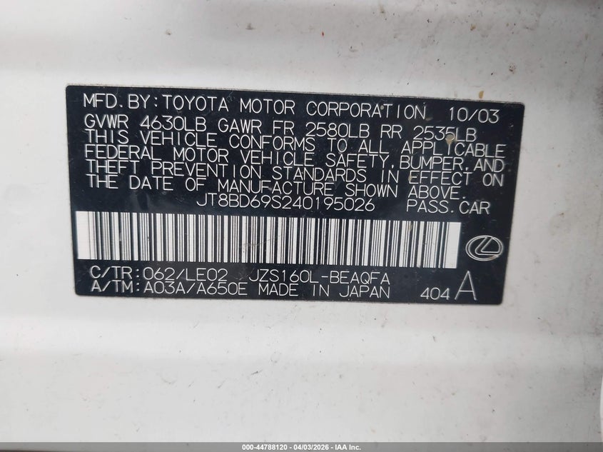 2004 Lexus Gs 300 VIN: JT8BD69S240195026 Lot: 44788120