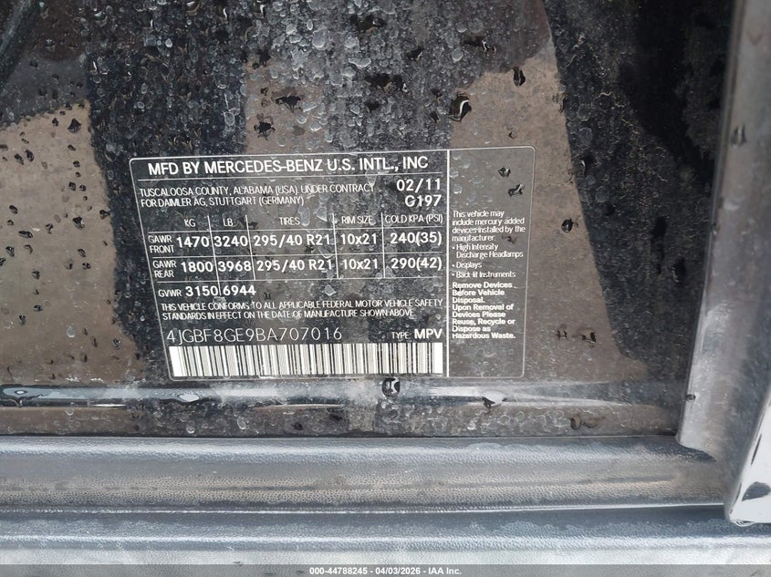 2011 Mercedes-Benz Gl 550 4Matic VIN: 4JGBF8GE9BA707016 Lot: 44788245