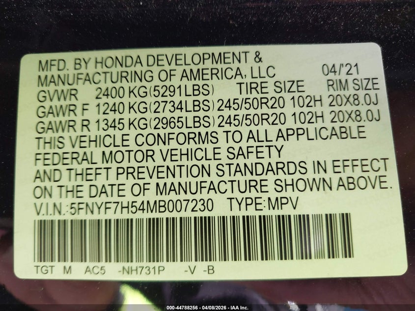 2021 Honda Passport 2Wd Ex-L VIN: 5FNYF7H54MB007230 Lot: 44788256