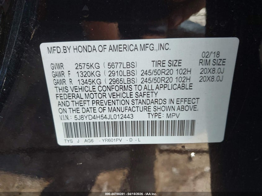 2018 Acura Mdx Technology Package Acurawatch Plus Pkg VIN: 5J8YD4H54JL012443 Lot: 44788281