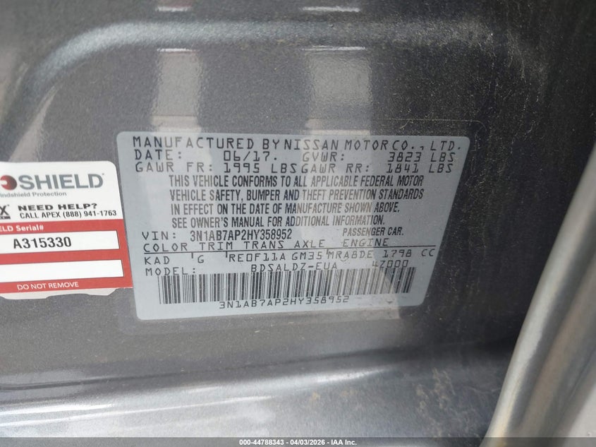 VIN 3N1AB7AP2HY358952 2017 NISSAN SENTRA SV