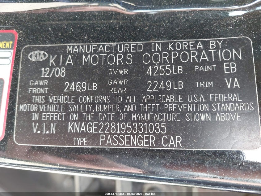 2009 Kia Optima Sx VIN: KNAGE228195331035 Lot: 44788344