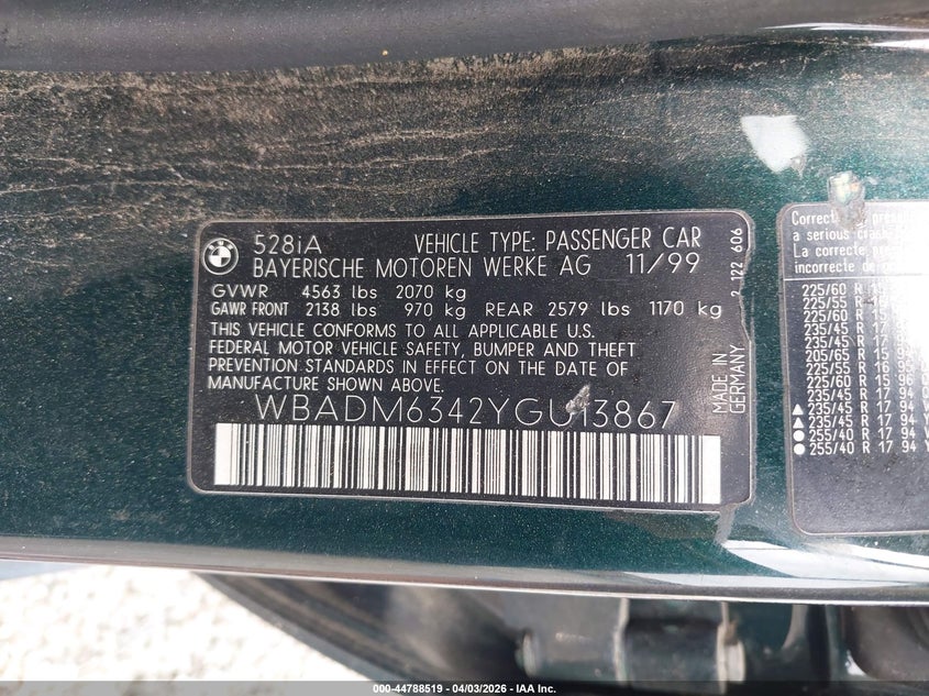 2000 BMW 528Ia VIN: WBADM6342YGU13867 Lot: 44788519
