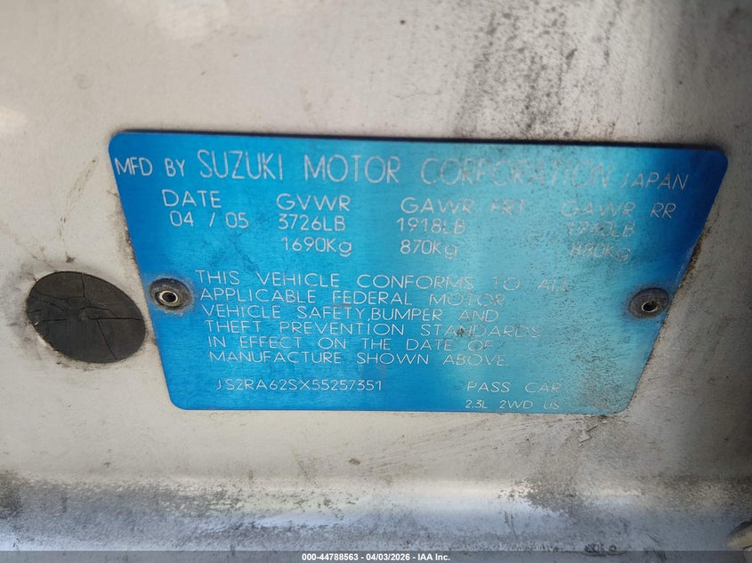 2005 Suzuki Aerio S VIN: JS2RA62SX55257351 Lot: 44788563