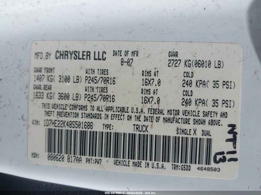 2008 Dodge Dakota St VIN: 1D7HE22K48S501686 Lot: 44788612