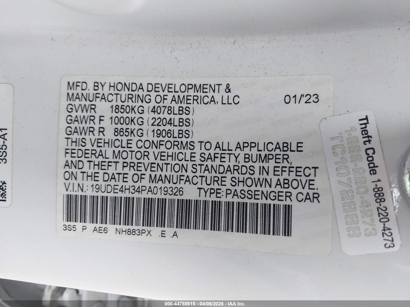 2023 Acura Integra A-Spec VIN: 19UDE4H34PA019326 Lot: 44788615