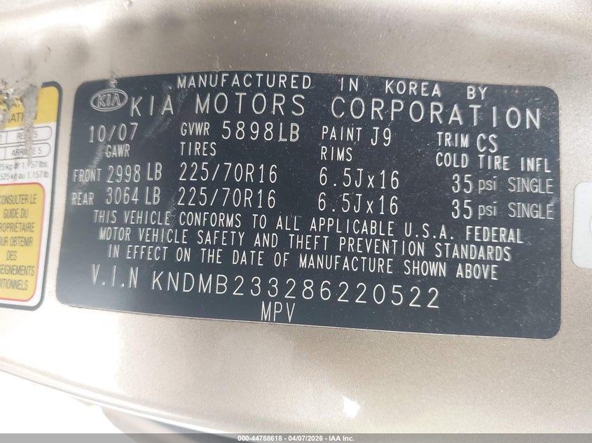 2008 Kia Sedona Lx VIN: KNDMB233286220522 Lot: 44788618