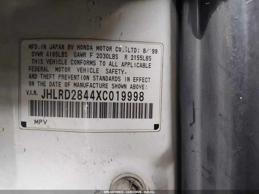1999 Honda Cr-V Lx VIN: JHLRD2844XC019998 Lot: 44788632