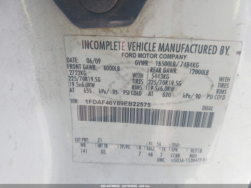 2009 Ford F-450 Chassis Xl/Xlt VIN: 1FDAF46Y89EB22575 Lot: 44788638