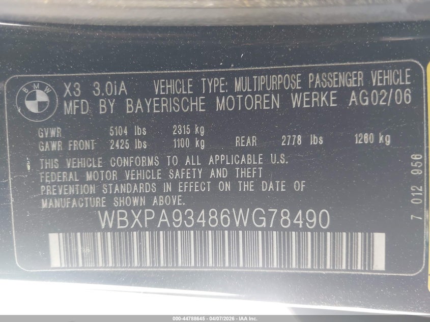 2006 BMW X3 3.0I VIN: WBXPA93486WG78490 Lot: 44788645