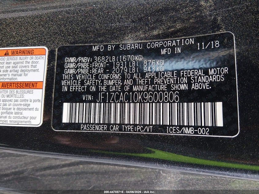 2019 Subaru Brz Limited VIN: JF1ZCAC10K9600806 Lot: 44788716