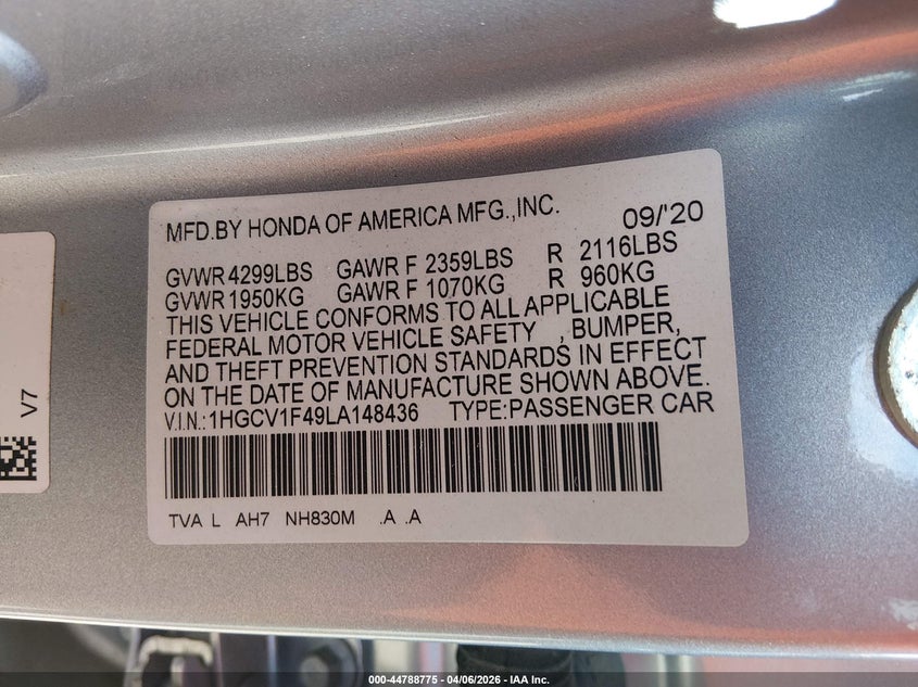 VIN 1HGCV1F49LA148436 2020 HONDA ACCORD EX