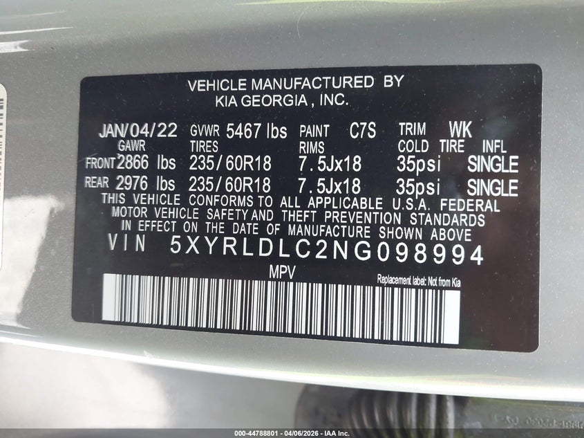 2022 Kia Sorento X-Line S VIN: 5XYRLDLC2NG098994 Lot: 44788801
